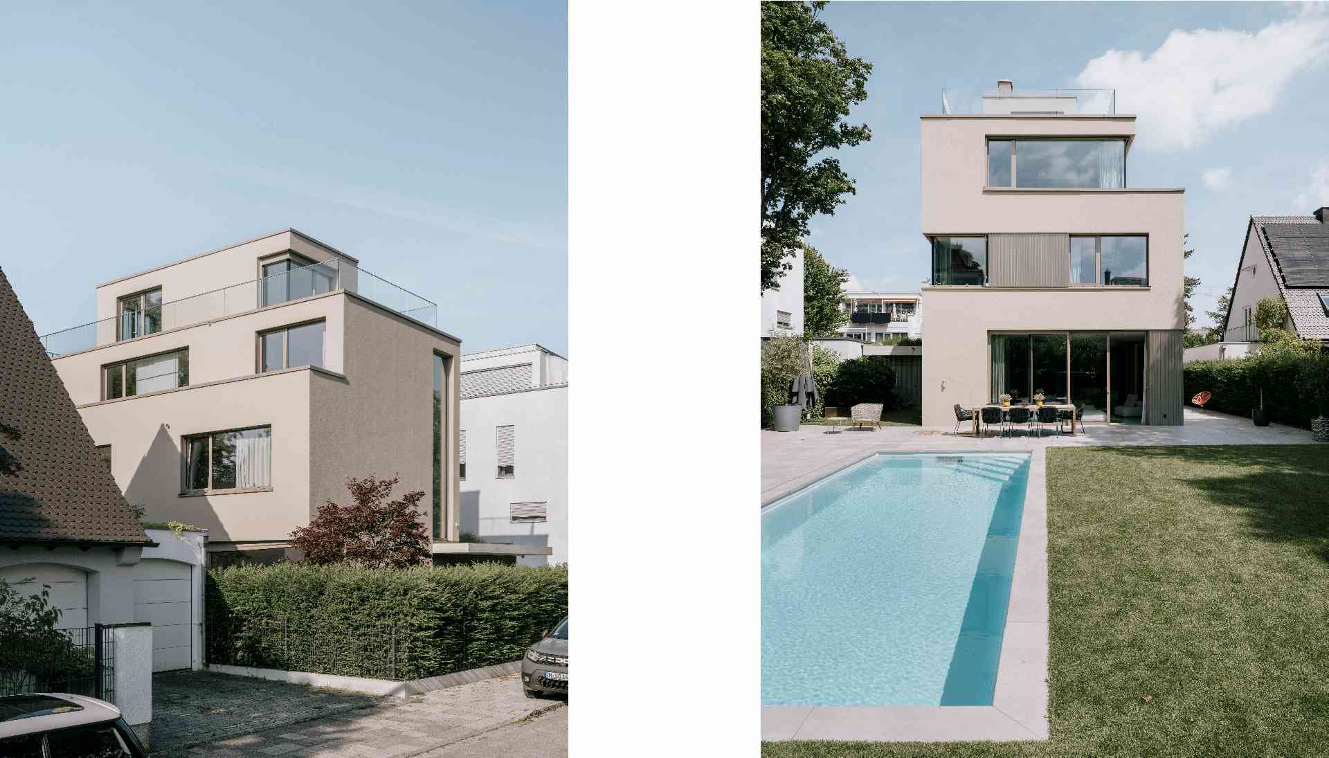 Einfamilienhaus, Bauhausstil, Architektur, Fassade, Putzfassade, Metallfassade, Glasgeländer