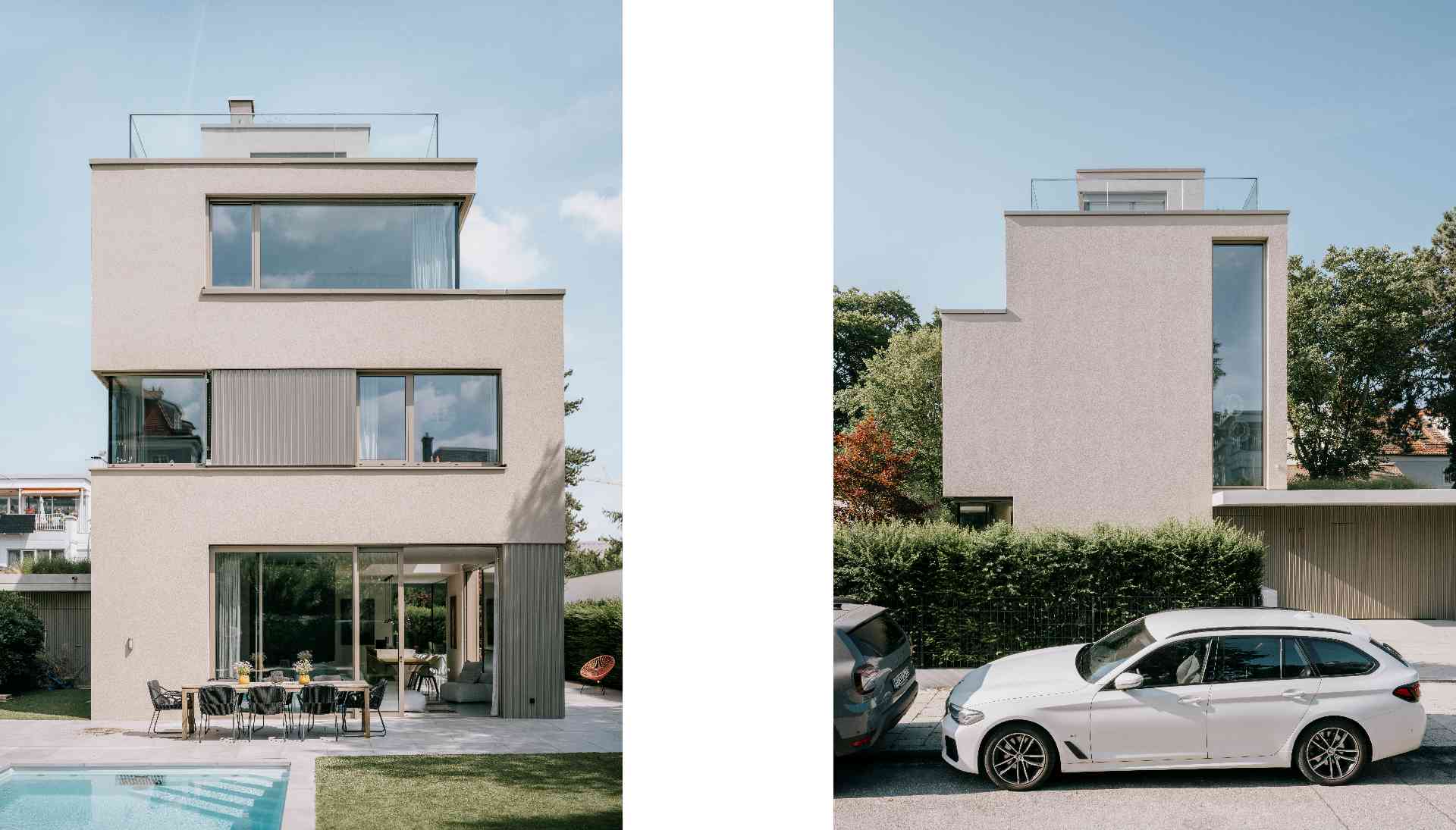 Einfamilienhaus, Bauhausstil, Architektur, Fassade, Putz, Metalpanell, Architekt, München