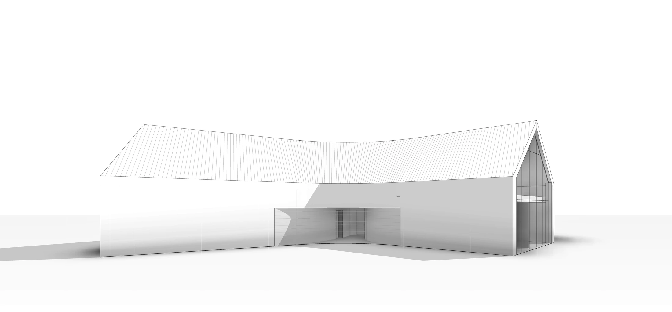 Entwurf eines weißen Gebäudes mit geschwungener Dachlinie und verglaster Giebelfassade