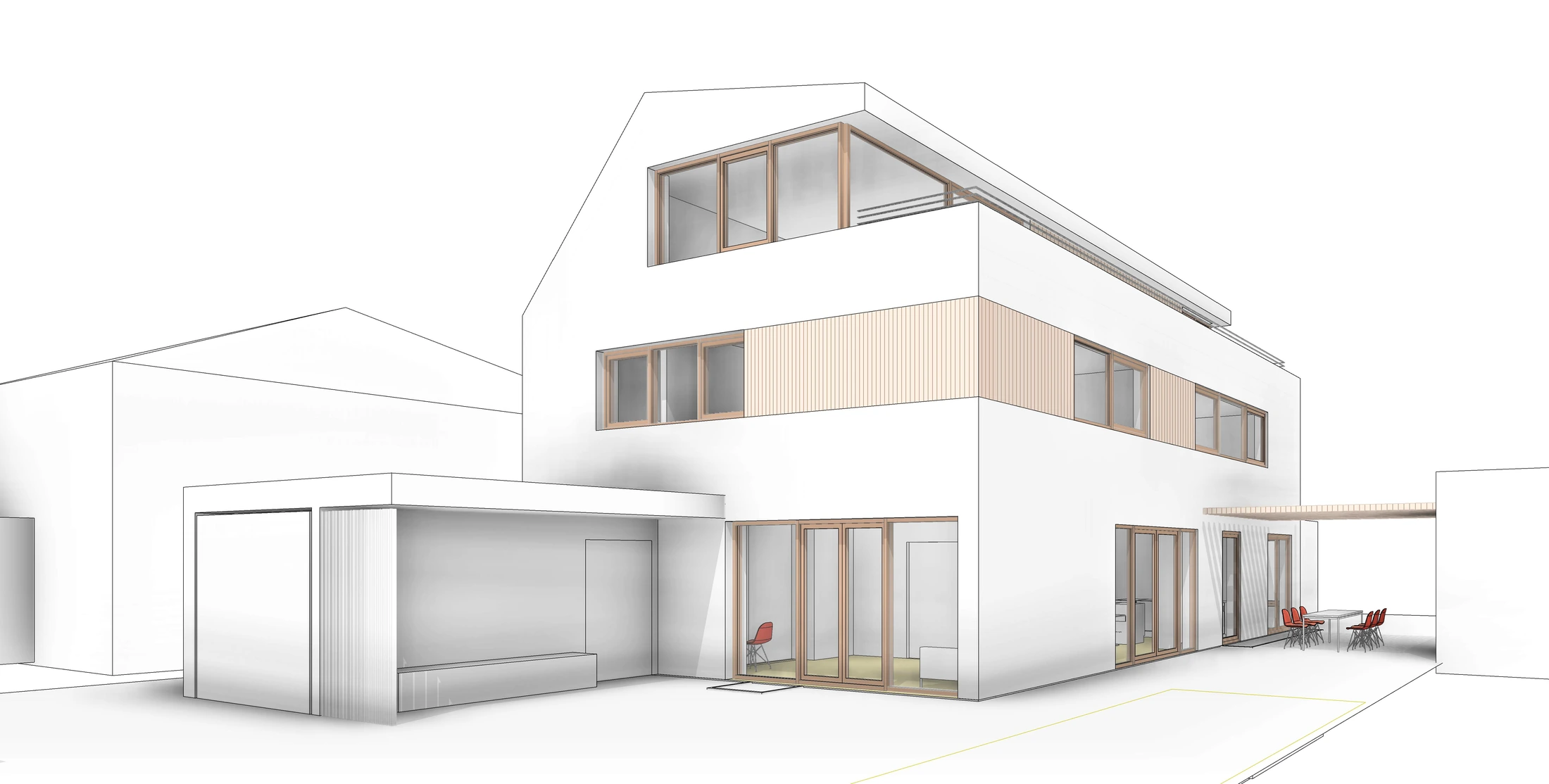 Perspektive eines Wohnhauses mit zurückgesetztem Dachgeschoss, Holzverkleidung und seitlicher Garage