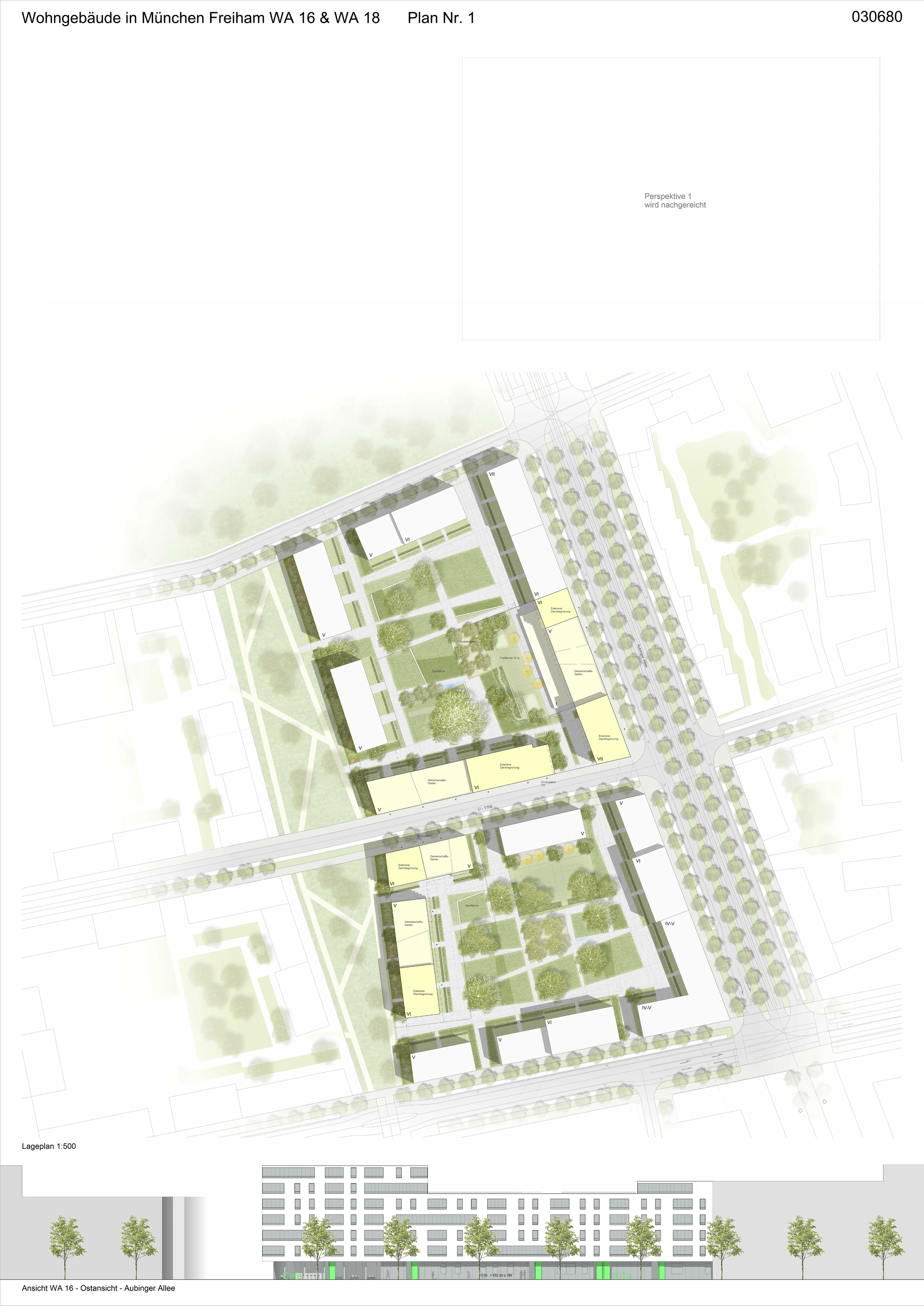 Wettbewerb München-Freiham WA 16 und WA 18, Plan 1: Lageplan mit Freiflächen und Ostansicht an der Aubinger Allee