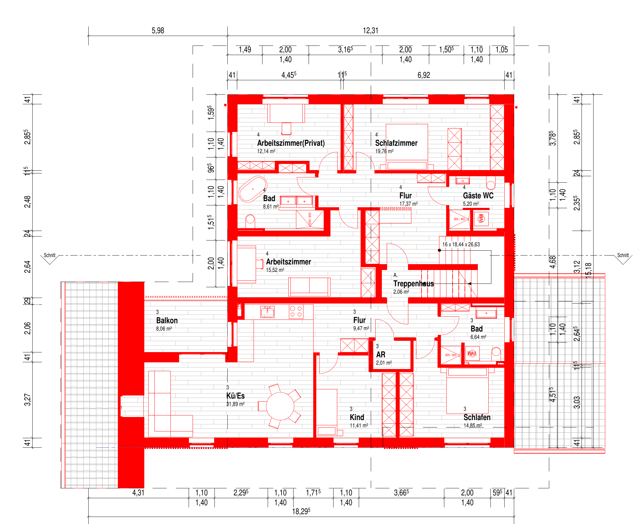 Grundriss des 1. Obergeschosses, Mehrfamilienhaus mit vier Wohnungen, Hirschbergstraße 8 in Gmund am Tegernsee