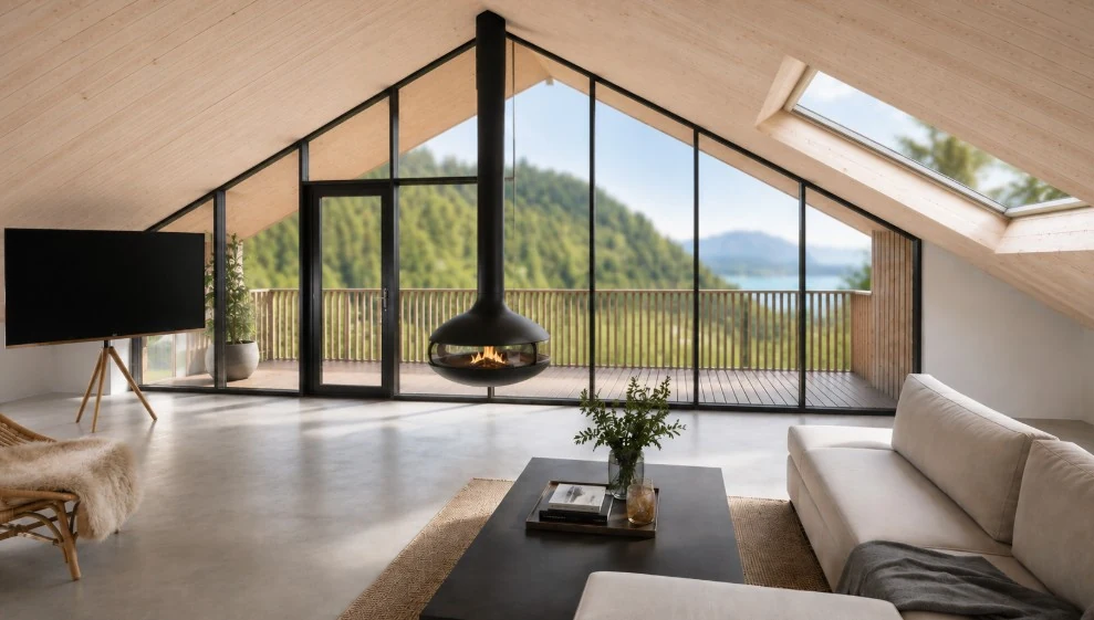 Wohnzimmer im Dachgeschoss mit verglaster Giebelfront, Hirschbergstraße 8 – Visualisierung