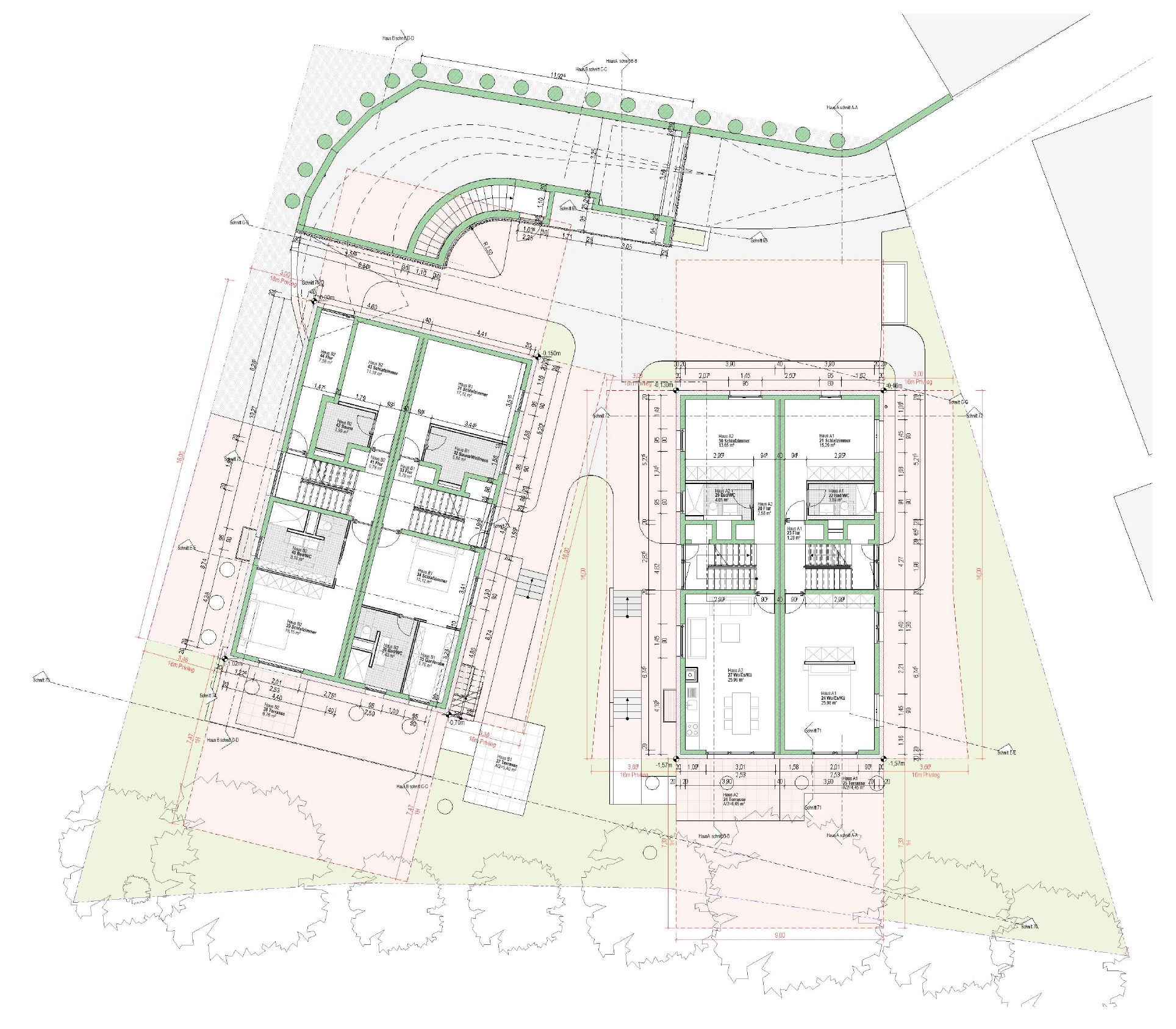 Grundriss · Gartengeschoss der zwei Doppelhäuser mit Tiefgarage in Holzbauweise, Tölzer Straße 18 in Gmund am Tegernsee
